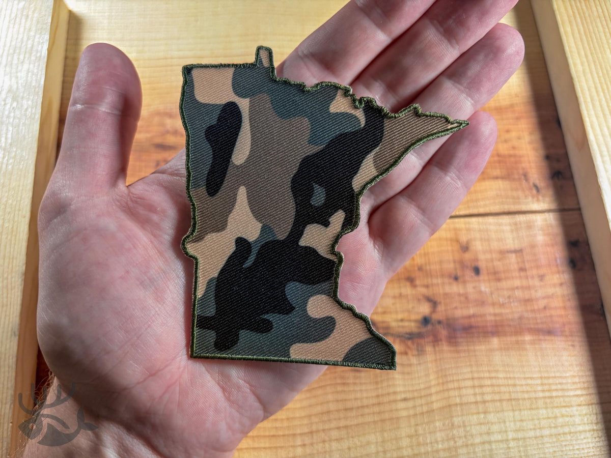 Minnesota Camo Iron-On Patch, State Outline Badge for Hats, Jackets, Bags
