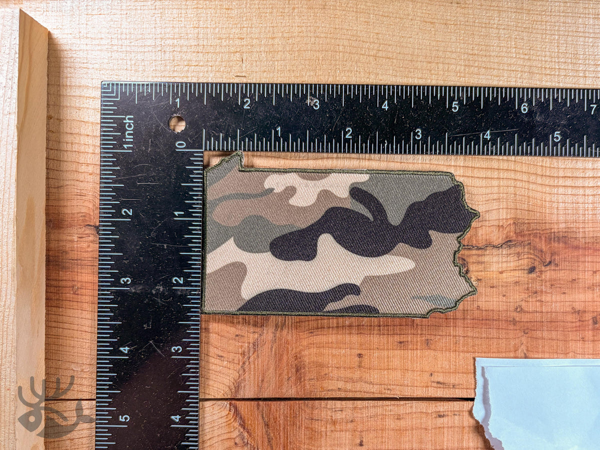 Camo Pennsylvania State Outline Patch, Iron-On Badge for Hats, Jackets, Bags