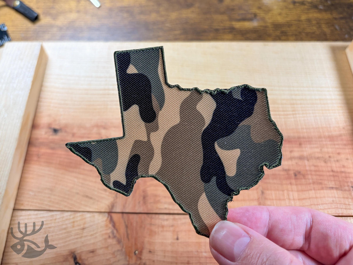 Texas Camo Iron-On Patch, State Outline Badge for Hats, Jackets, Bags