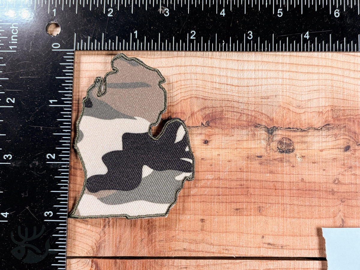 Michigan Camo State Outline Patch, Mitten & Upper Peninsula Badge (Iron-On)