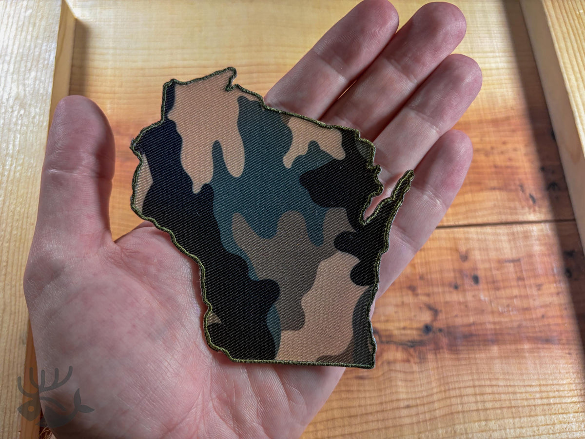 Wisconsin Camo Patch, Iron-On State Outline Patch
