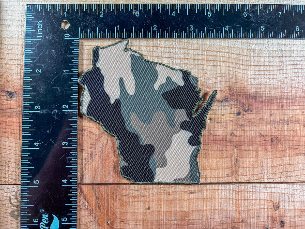 Wisconsin Camo Patch, Iron-On State Outline Patch