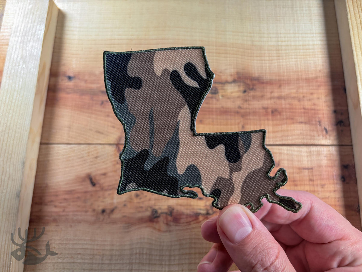 Louisiana Camo Iron-On Patch, State Outline Badge for Hats, Jackets, Bags