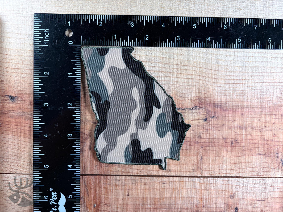 Georgia Iron-On Patch, Camo State Outline Badge for Hats, Jackets, Bags