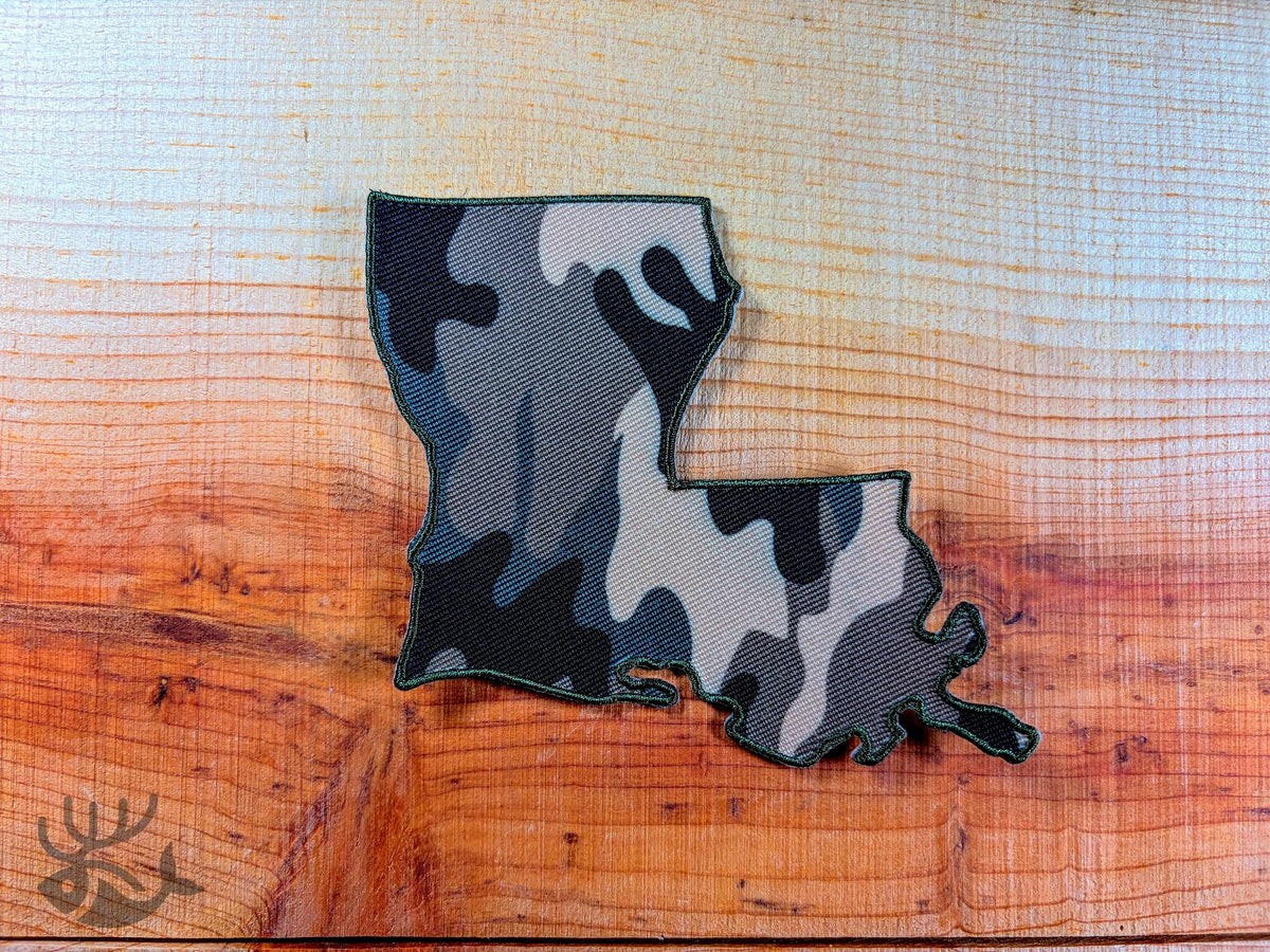 Louisiana Camo Iron-On Patch, State Outline Badge for Hats, Jackets, Bags
