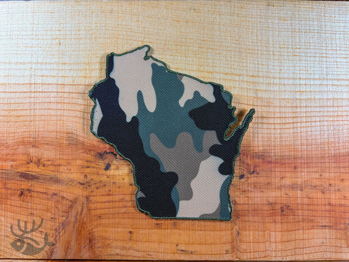 Wisconsin Camo Patch, Iron-On State Outline Patch