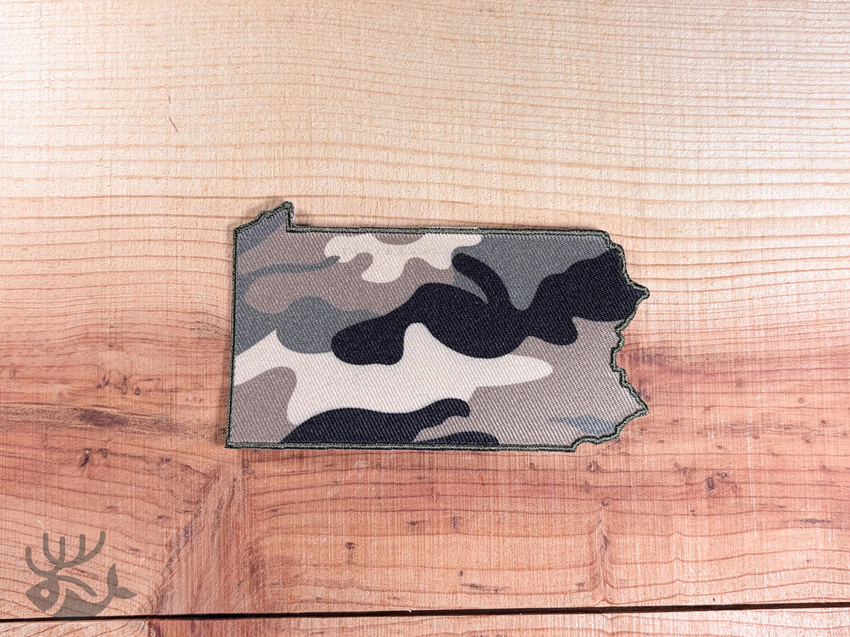 Camo Pennsylvania State Outline Patch, Iron-On Badge for Hats, Jackets, Bags