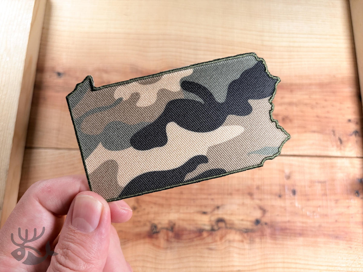 Camo Pennsylvania State Outline Patch, Iron-On Badge for Hats, Jackets, Bags
