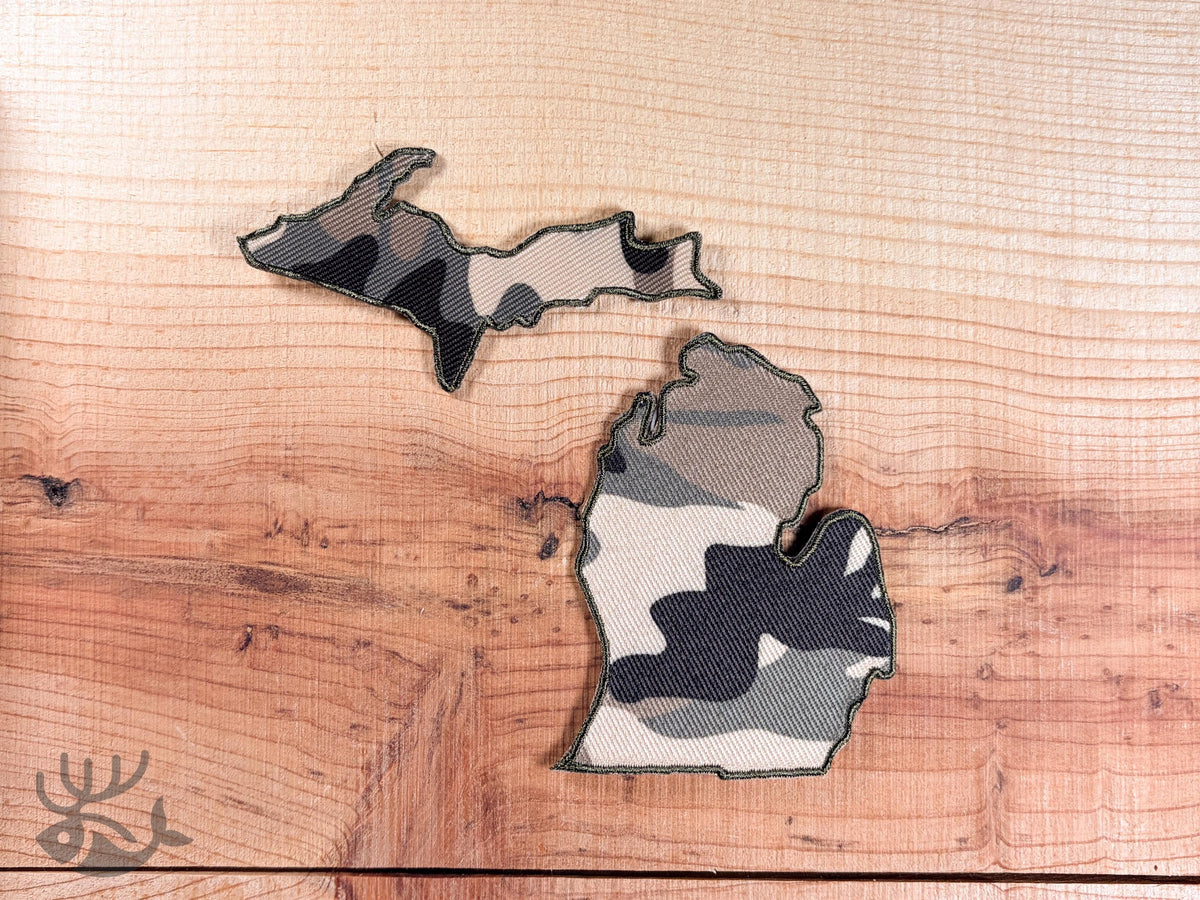 Michigan Camo State Outline Patch, Mitten & Upper Peninsula Badge (Iron-On)