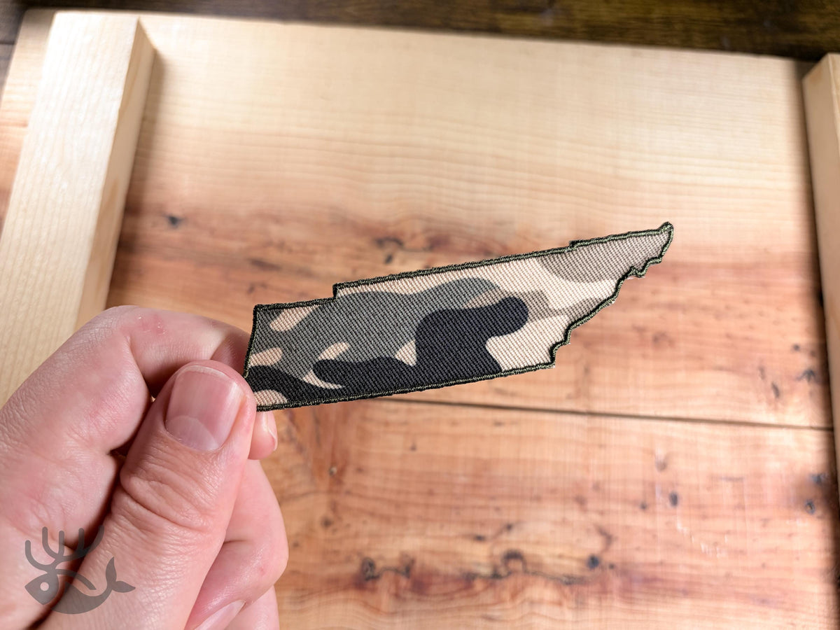 Camo Tennessee State Outline Patch, Iron-On Badge for Hats, Jackets, Bags