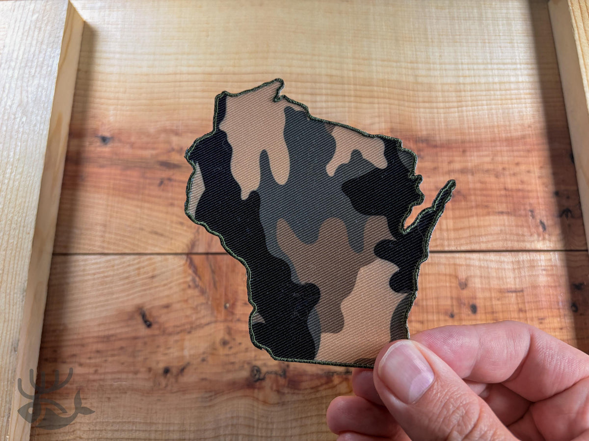 Wisconsin Camo Patch, Iron-On State Outline Patch