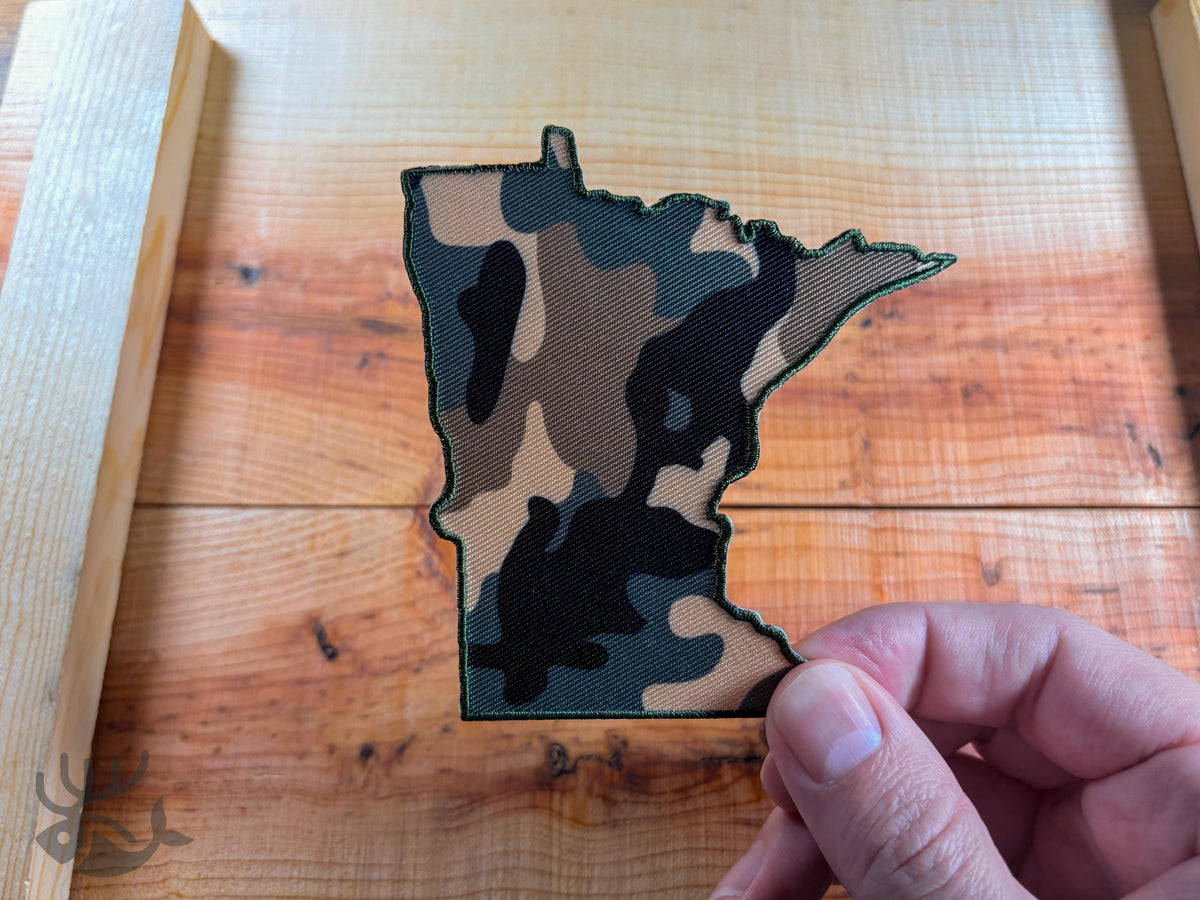 Minnesota Camo Iron-On Patch, State Outline Badge for Hats, Jackets, Bags