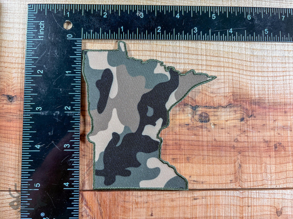 Minnesota Camo Iron-On Patch, State Outline Badge for Hats, Jackets, Bags