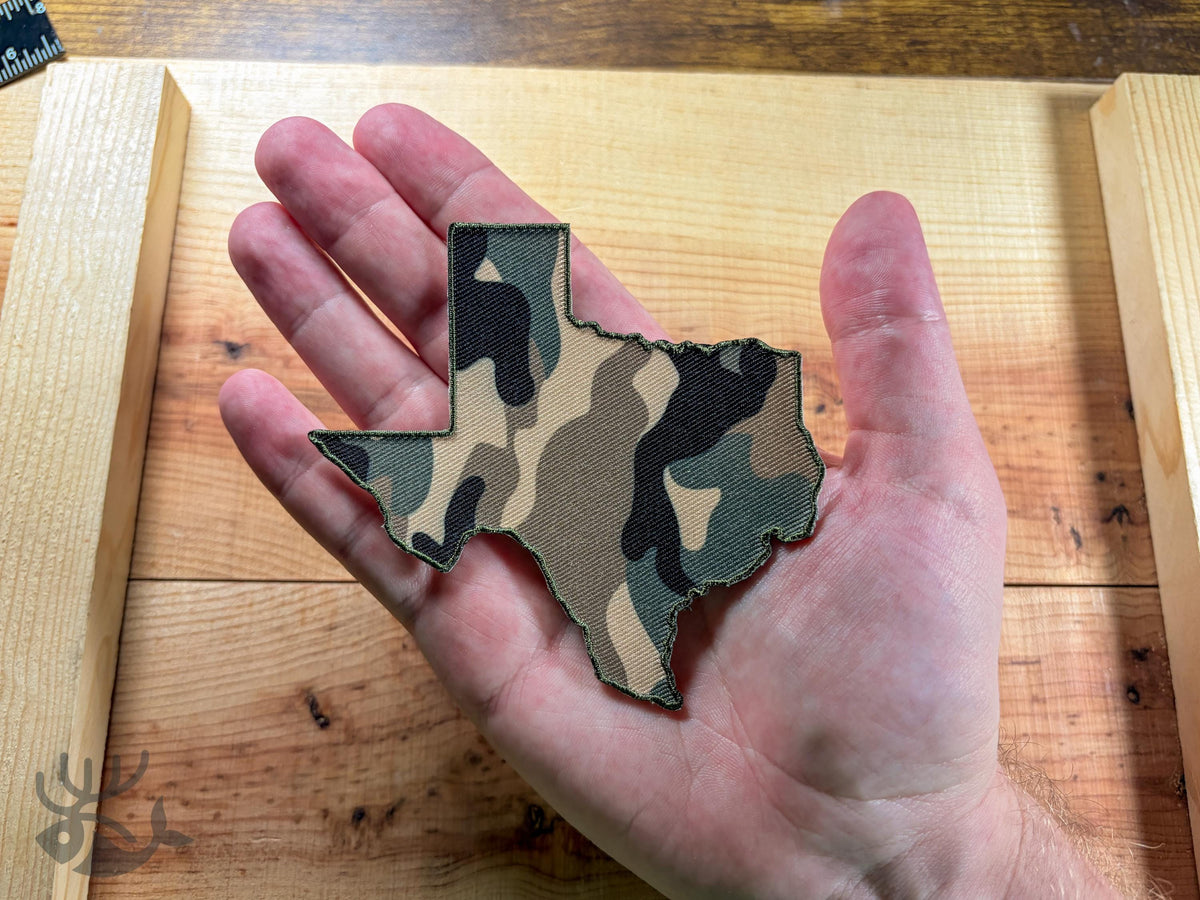 Texas Camo Iron-On Patch, State Outline Badge for Hats, Jackets, Bags