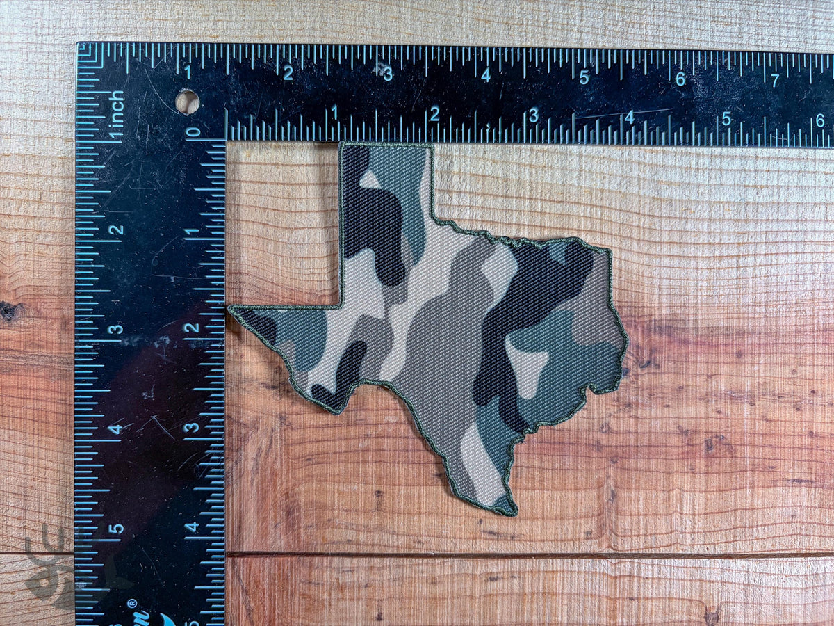 Texas Camo Iron-On Patch, State Outline Badge for Hats, Jackets, Bags