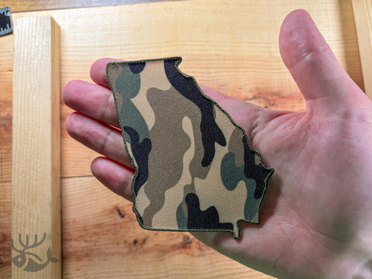 Georgia Iron-On Patch, Camo State Outline Badge for Hats, Jackets, Bags