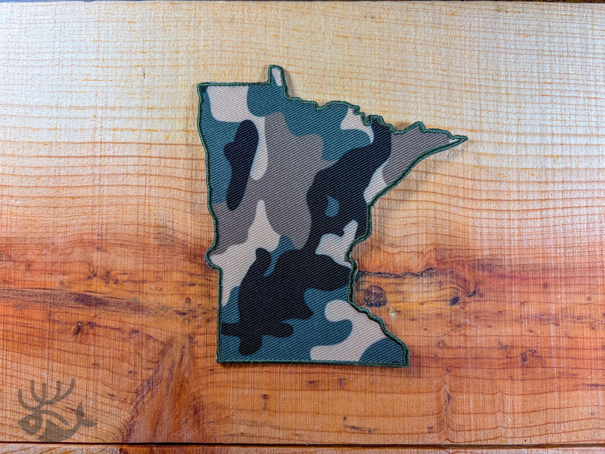 Minnesota Camo Iron-On Patch, State Outline Badge for Hats, Jackets, Bags