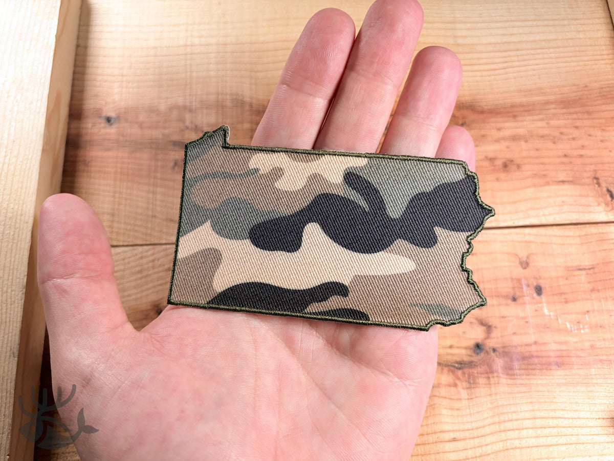 Camo Pennsylvania State Outline Patch, Iron-On Badge for Hats, Jackets, Bags