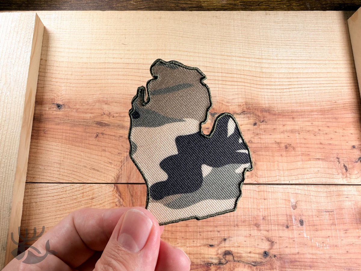 Michigan Camo State Outline Patch, Mitten & Upper Peninsula Badge (Iron-On)