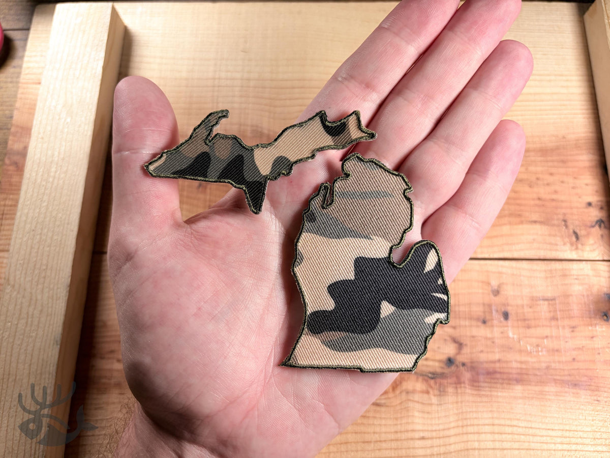 Michigan Camo State Outline Patch, Mitten & Upper Peninsula Badge (Iron-On)