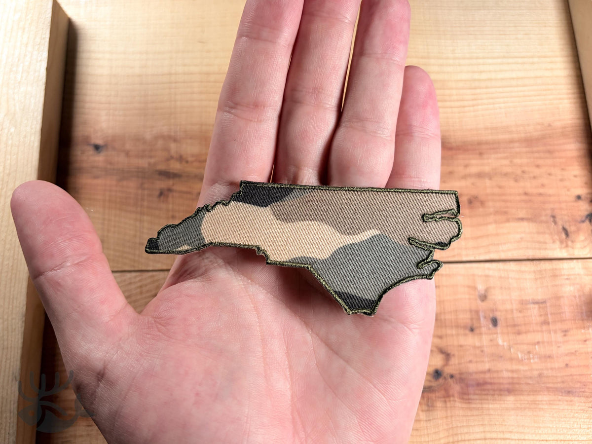 North Carolina Camo Iron-On Patch, State Outline Badge for Hats, Jackets, Bags